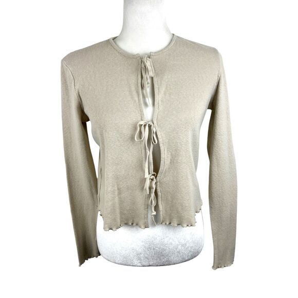MNG Mango Sweater Women Medium Beige Ribbon Tie Knit Cardigan Long Sleeve - Picture 1 of 12